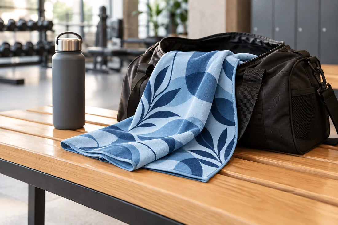 Blue patterned microfibre gym towel resting on an open sports bag on a changing-room bench.